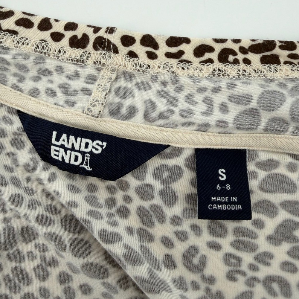 Lands End Cardigan Leopard Print Tan Womens Small 6-8 Longline Open Front Pocket - Picture 4 of 7